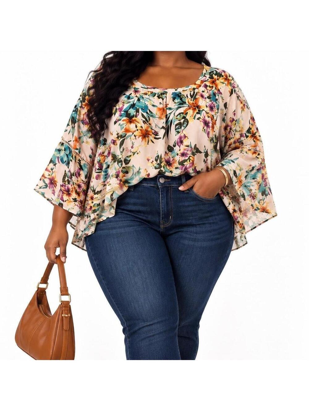 Boho Tropical Floral Bell Sleeve Blouse | Cupio XL
